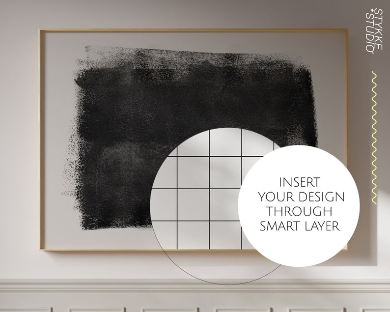 May include: A black and white abstract art print with a grid overlay. The text "INSERT YOUR DESIGN THROUGH SMART LAYER" is in a white circle.