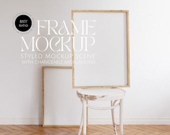 Digital frame mockups for art, art studio mockup, wooden frame mockup duo, digital poster mockups, frames for print on demand, 8x11