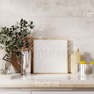 frame mockup 1x1 light wood in scandinavian interior eucalyptus kitchen food scenario on beige concrete for square poster print presentation