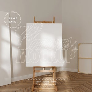 May include: A white canvas mockup on an easel in a room with wooden floors. The canvas is 5 x 6.5 inches and is ready for your design.