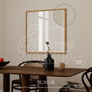 May include: A wooden framed square picture mockup in a light beige room with a wooden table, two chairs, a vase with flowers, and a bowl of apples.