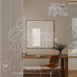 May include: A framed mockup with a square ratio, a wooden desk with a chair, a vase with greenery, and a framed botanical print with the text "WILDER A BOTANICAL".