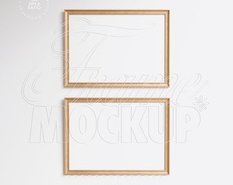two frame mockup gold wood DIN A4 horizontal digital, passe-partout mockup frame duo vintage, small art frame mockup 7:5 poster slip mount
