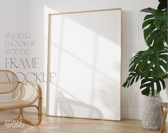 mid century modern interior mockup, 5x7 frame mockup, minimalistic interior mockup, print frame mockup, huge leaning frame mockup