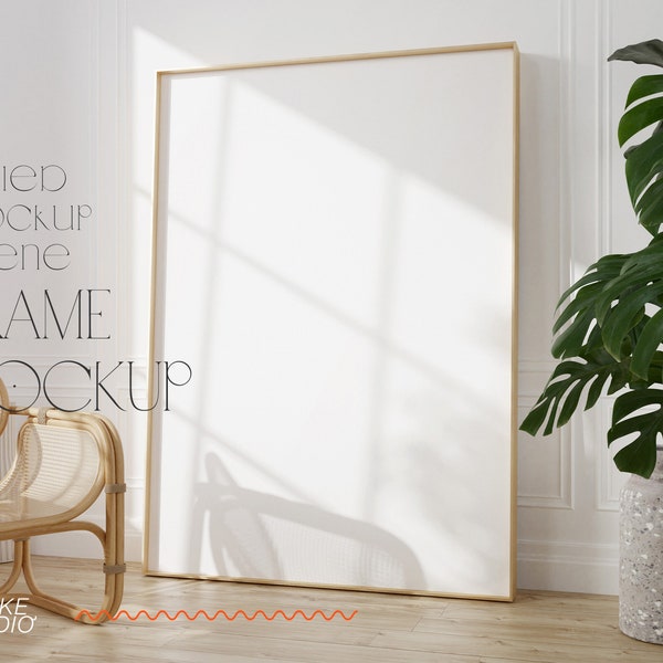 mid century modern interior mockup, 5x7 frame mockup, minimalistic interior mockup, print frame mockup, huge leaning frame mockup