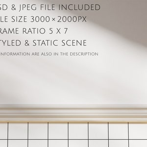 May include: A white wall with a white trim and a shadow cast from a window. The wall has text on it that reads "* PSD & JPEG FILE INCLUDED * FILE SIZE 3000 &times; 2000PX * FRAME RATIO 5 X 7 * STYLED & STATIC SCENE * ALL INFORMATION ARE ALSO IN THE DESCRIPTION" and "*STUDIO STYKKE".