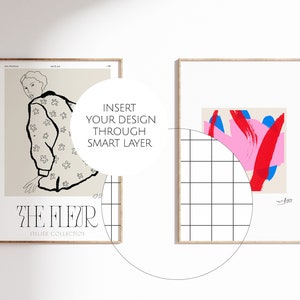 May include: Two framed art prints. The left print features a line drawing of a person in a floral patterned jacket, with text that reads "THE FLEUR ATELIER COLLECTION." The right print has an abstract design with pink, red, and blue brushstrokes.
