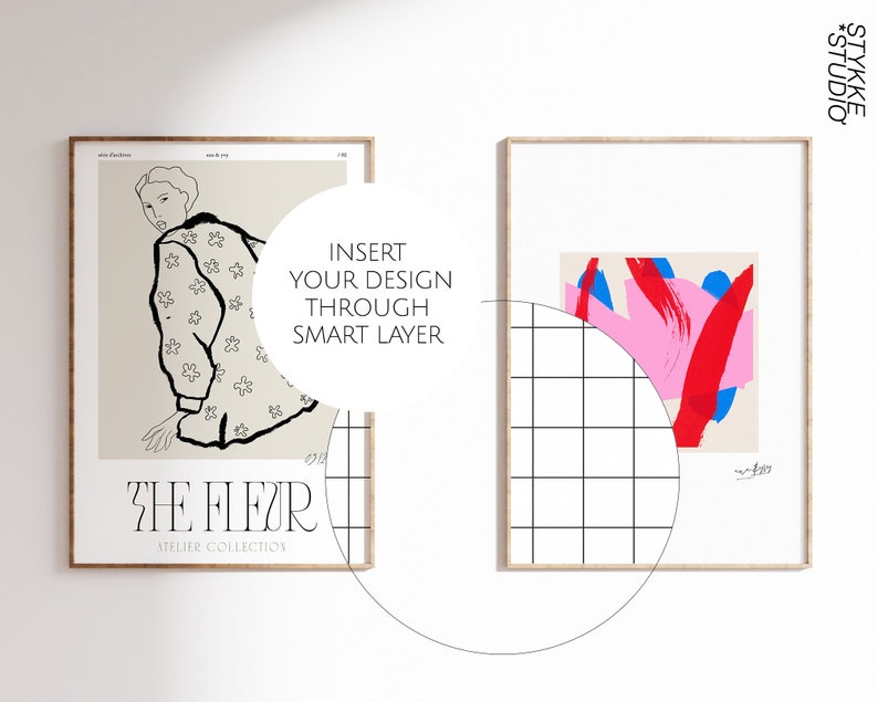 May include: Two framed art prints. The left print features a line drawing of a person in a floral patterned jacket, with text that reads "THE FLEUR ATELIER COLLECTION." The right print has an abstract design with pink, red, and blue brushstrokes.