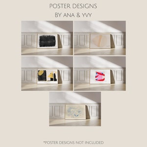 May include: Five framed abstract art prints displayed on a white wall with wood paneling. The prints feature various colors and shapes, including black, white, gold, pink, and blue.