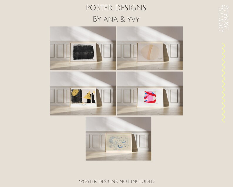 May include: Five framed abstract art prints displayed on a white wall with wood paneling. The prints feature various colors and shapes, including black, white, gold, pink, and blue.
