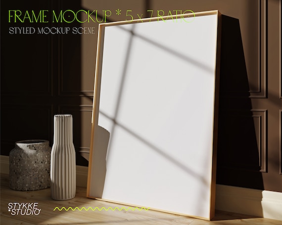 5x7 frame mockup, sunlight shadow overlay, frame mockup for prints, vintage villa mockup, rectangle frame, leaning frame mockup, brown wall
