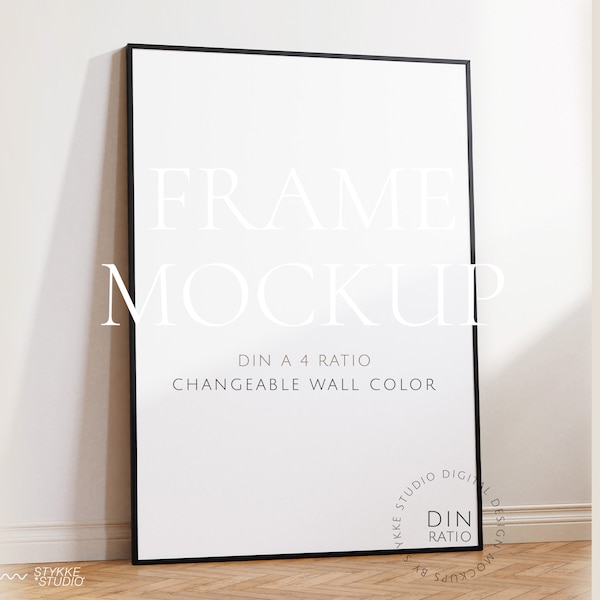 black thin frame mockup DIN, wallpaper mockup, frame mockup DIN A 3, vertical frame mockup, digital frame for print, frame on wooden floor