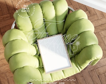 frame mockup on chair green DIN A, mockup wall art frame mockup for artwork, digital poster frame mockup for prints, poster shop mockup