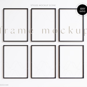 Set di sei mockup di cornici 8x11, set di sei mockup di cornici, cornici nere minimaliste, mockup di galleria di cornici, mockup di poster in legno chiaro