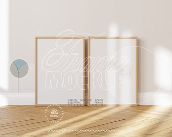 two frame mockup DIN, wallpaper mockup frame DIN A 4 vertical digital frame for print, frame on wooden floor, nursery frame mockup kids room