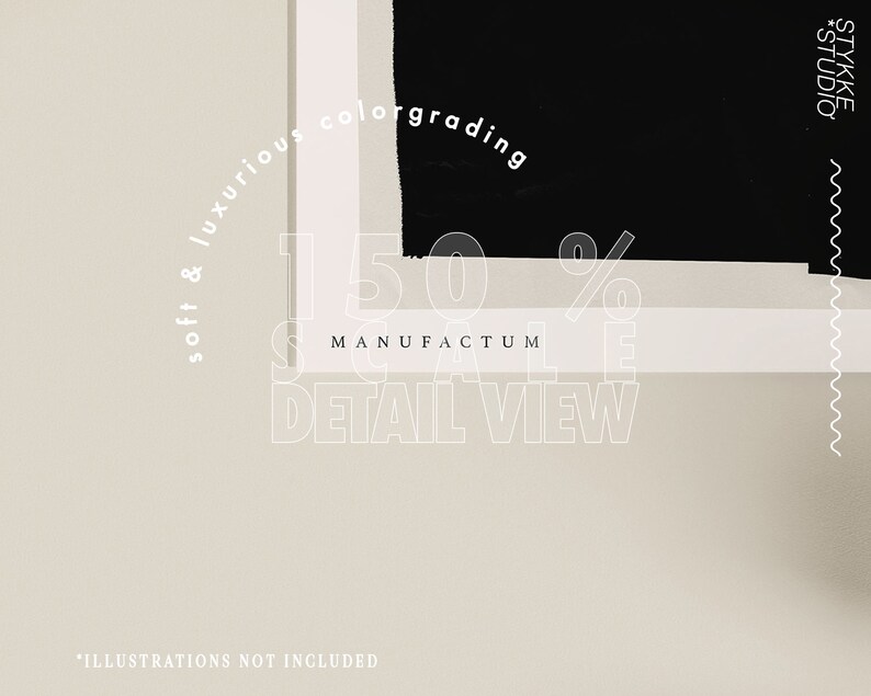 K&ouml;nnte beinhalten: Eine wei&szlig;e Textgrafik auf beigefarbenem Hintergrund mit dem Text "soft & luxurious colorgrading 150% SALE MANUFACTUM DETAIL VIEW" und dem Text "*ILLUSTRATIONS NOT INCLUDED" unten.