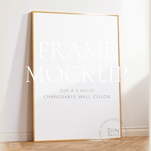gold thin frame mockup DIN, wallpaper mockup, frame mockup DIN A 4, vertical frame mockup, digital frame for print, frame on wooden floor