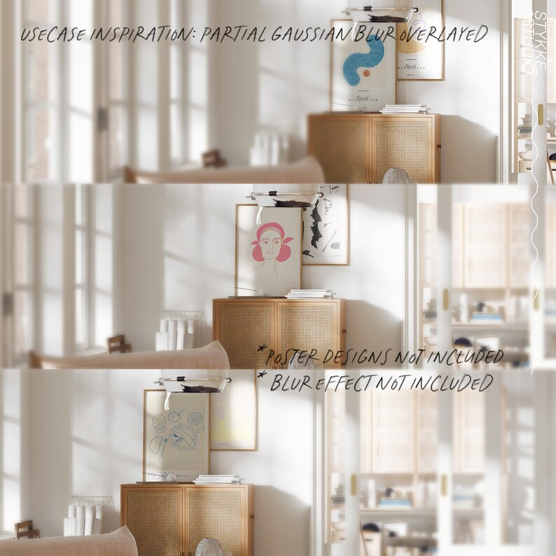 Puede incluir: Escena interior clara con un mueble de madera con puertas tejidas, adornado con impresiones art&iacute;sticas enmarcadas. El texto "USECASE INSPIRATION: PARTIAL GAUSSIAN BLUR OVERLAYED" es visible. Tambi&eacute;n son visibles los textos "POSTER DESIGNS NOT INCLUDED" y "BLUR EFFECT NOT INCLUDED".