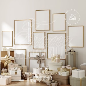 frame mockup DIN A, gallery wall frame mockup Christmas Day mockup, gold beige gift box mockup party art digital picture frame mockup wall