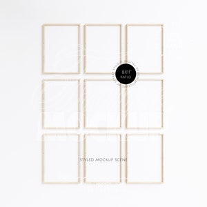 May include: Nine wood frames in a grid pattern on a white wall. The frames are all the same size and are arranged in three rows of three. The frames are empty and have a natural wood finish. The text "STYLED MOCKUP SCENE" is printed below the frames.