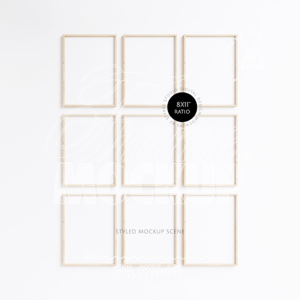 nine frame mockup bundle, set of nine frame mockups, minimalistic 9 digital picture frame mockup, bright frames, poster mockup light wood