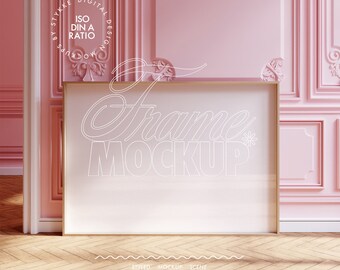Pink room frame mockup DIN A ratio, minimalistic interior mockup design gallery frame mockup bright tall horizontal frame template mockup