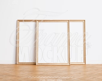 frame mockup gold wood DIN A4 vertical trio, passe-partout mockup frame vintage, small three frame mockup digital 5:7 poster slip mount