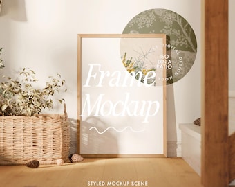 vertical autumn frame mockup, farmhouse aesthetic interior scene with vintage mockups wooden decor pumpkin fall cottage Châteaucore design
