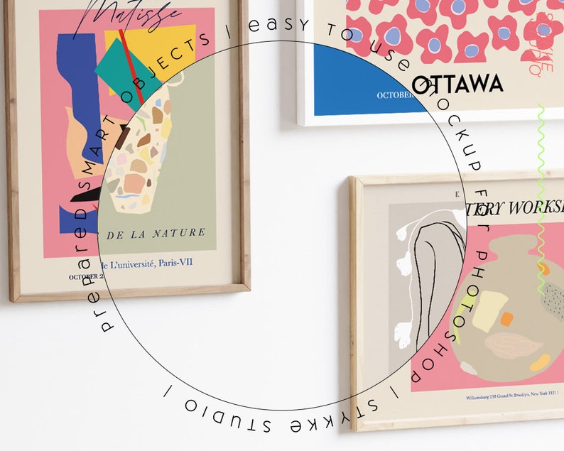 May include: Three framed art prints with abstract designs in pink, blue, green, and brown. The prints are hung on a white wall. The text on the prints reads "Matisse", "prepared SMART OBJECTS", "DE LA NATURE", "L'universit&eacute;, Paris-VII", "easy TO Use", "OTTAWA", "OCKUP", "F", "TERY WORKS", "I olan DOHSOLOHD J".