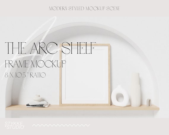 frame mockup, Photoshop mockup, vertical canvas mockup, arc shaped shelf, concrete shelf, minimalistic interior mockup frame