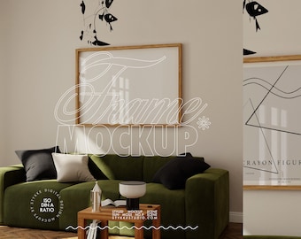 mockup de moldura de madeira horizontal para impressões e fotografia, mockup de moldura ISO DIN A, mockup de arte de parede, mockup de moldura para arte de parede de loja de pôsteres