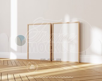 two frame mockup DIN, wallpaper mockup frame DIN A 4 vertical digital frame for print, frame on wooden floor, nursery frame mockup kids room