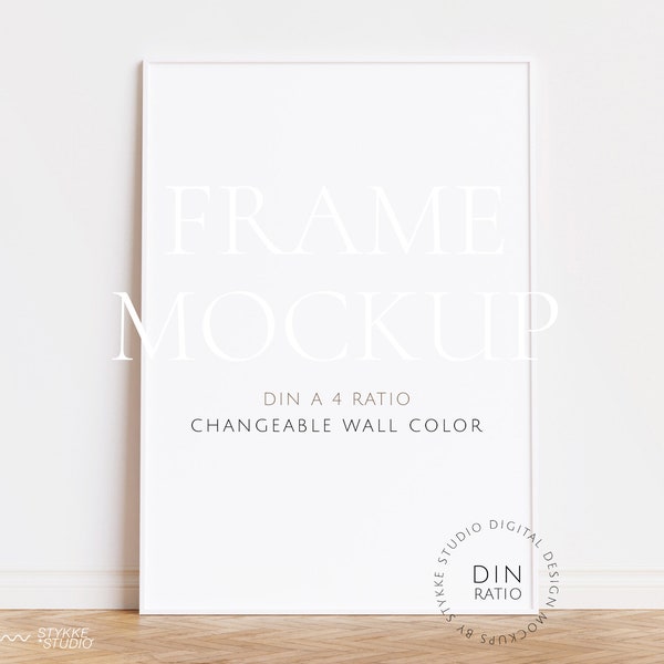 white thin frame mockup DIN, wallpaper mockup, frame mockup DIN A 4, vertical frame mockup, digital frame for print, frame on wooden floor