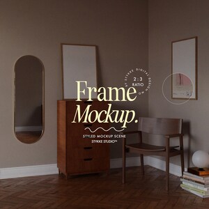 Rahmenmockup dunkle skandinavische Innenszene zwei Poster Mockup, Print Shop Mockup für bedruckbares Duo Poster stimmungsvolles Ambient Mockup für POD Art