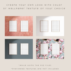 May include: Four framed grid art prints with gold frames are displayed against various backgrounds, including pink, white, dark teal, and floral patterns. The text reads, "Create your own look with color or wallpaper texture of your choice."