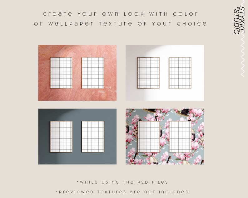 May include: Four framed grid art prints with gold frames are displayed against various backgrounds, including pink, white, dark teal, and floral patterns. The text reads, "Create your own look with color or wallpaper texture of your choice."