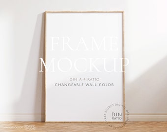 frame mockup light wood DIN A 4, frame wallpaper mockup, frame on wooden floor mockup, vertical frame mockup, scandinavian frame mockup
