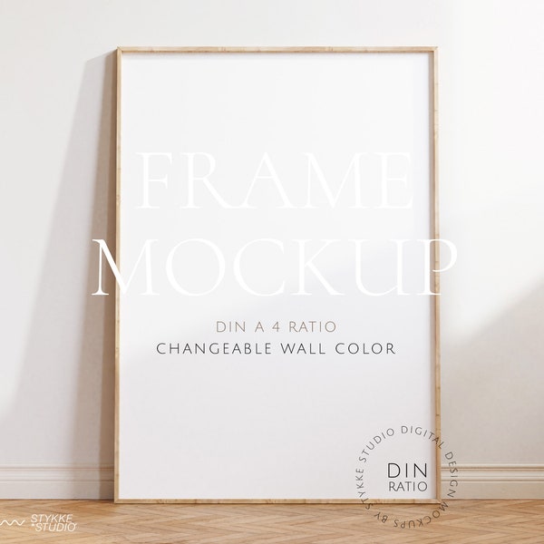 frame mockup light wood DIN A 4, frame wallpaper mockup, frame on wooden floor mockup, vertical frame mockup, scandinavian frame mockup