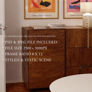 May include: A styled interior scene with a wooden cabinet, a white table, and two framed abstract art prints. The text on the prints reads "The Cut-Outs" and "The Cut". The text "ALL INFORMATION ARE ALSO IN THE DESCRIPTION" is visible below the cabinet. The text "PSD & JPEG FILE INCLUDED" is visible below the cabinet. The text "FILE SIZE 2500 x 3000PX" is visible below the cabinet. The text "FRAME RATIO 8 X 12" is visible below the cabinet. The text "STYLED & STATIC SCENE" is visible below the cabinet.