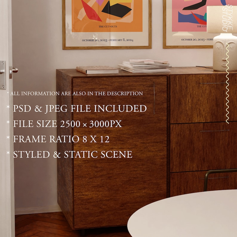 May include: A styled interior scene with a wooden cabinet, a white table, and two framed abstract art prints. The text on the prints reads "The Cut-Outs" and "The Cut". The text "ALL INFORMATION ARE ALSO IN THE DESCRIPTION" is visible below the cabinet. The text "PSD & JPEG FILE INCLUDED" is visible below the cabinet. The text "FILE SIZE 2500 x 3000PX" is visible below the cabinet. The text "FRAME RATIO 8 X 12" is visible below the cabinet. The text "STYLED & STATIC SCENE" is visible below the cabinet.