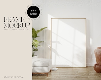 frame mockup, digital frame for presentation, print frame mockup, minimalistic leaning frame mockup, frame mockup in boho interior