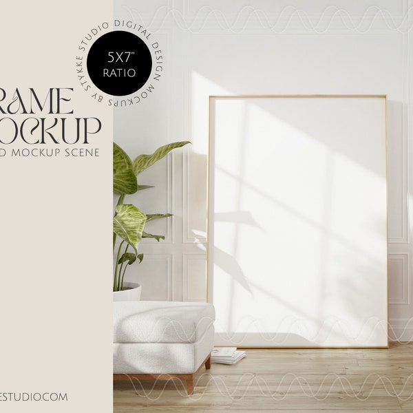 frame mockup, digital frame for presentation, print frame mockup, minimalistic leaning frame mockup, frame mockup in boho interior