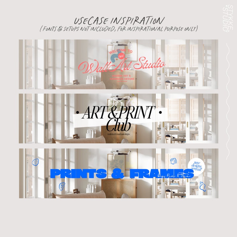Puede incluir: Imagen de inspiraci&oacute;n de dise&ntilde;o de interiores con tres banners horizontales. El banner superior dice "Wall Art Studio" en rosa, el banner del medio "ART & PRINT Club" y el banner inferior "PRINTS & FRAMES" en azul. Muebles y decoraci&oacute;n.