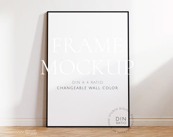 black thin frame mockup DIN, wallpaper mockup, frame mockup DIN A 4, vertical frame mockup, digital frame for print, frame on wooden floor