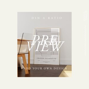 May include: A preview of a minimalist art print with a geometric design in black and white. The print is framed in a gold frame and is titled "Crayon Figurative". The text "DINA RATIO" is at the top of the image and the text "ADD YOUR OWN DESIGN" is at the bottom of the image.
