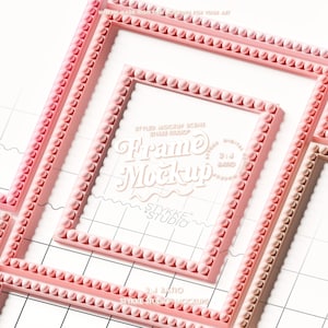 May include: A collection of pink picture frames with a beaded edge, arranged on a white grid background. The frames vary in size and are labeled with the text "Frame Mockup" and "9:4 Ratio".
