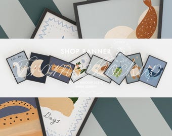 Etsy shop banner for print shops black frame mockups, customizable title image gallery poster store, 3360x840 px preview image for Photoshop
