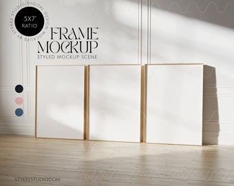 three frame mockup  5x7 ratio, sunny minimalistic interior mockup, design gallery frame mockup, frame template, changeable wall color