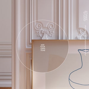 May include: A framed abstract art print with a beige background and a blue line drawing of a vase. The text "ADD YOUR OWN TONE" is printed in white on the print.