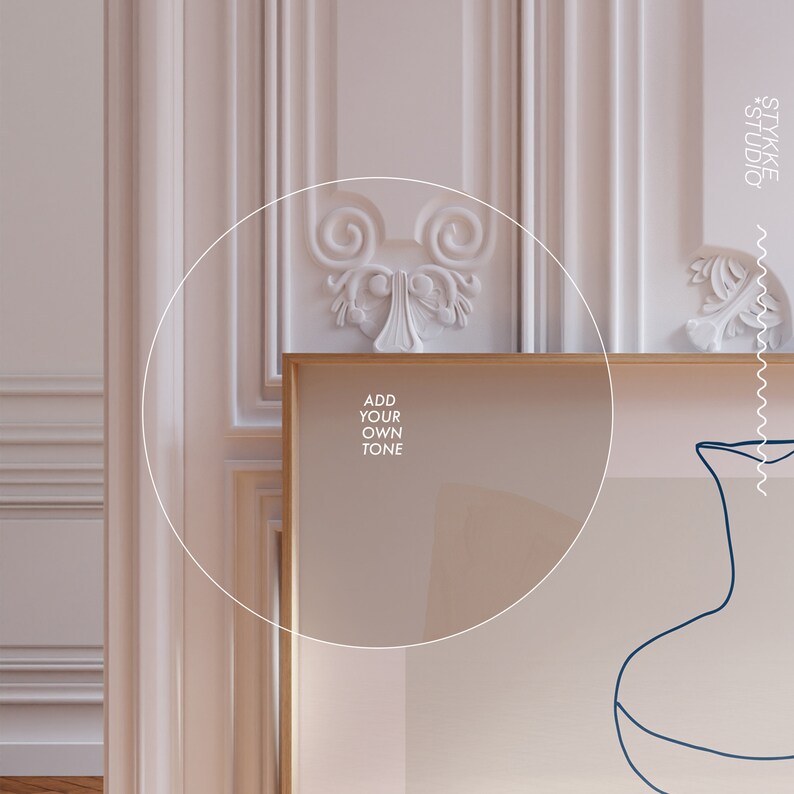 May include: A framed abstract art print with a beige background and a blue line drawing of a vase. The text "ADD YOUR OWN TONE" is printed in white on the print.